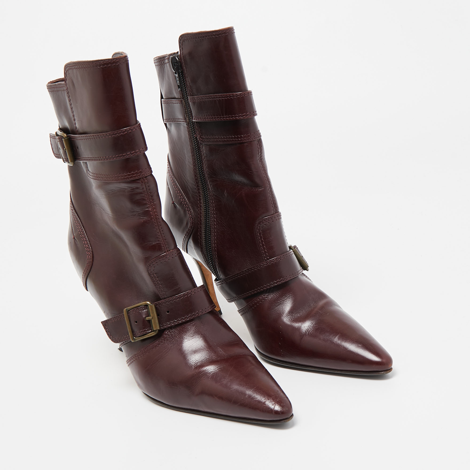 Manolo Blahnik Burgundy Leather Ankle Boots Size 37.5