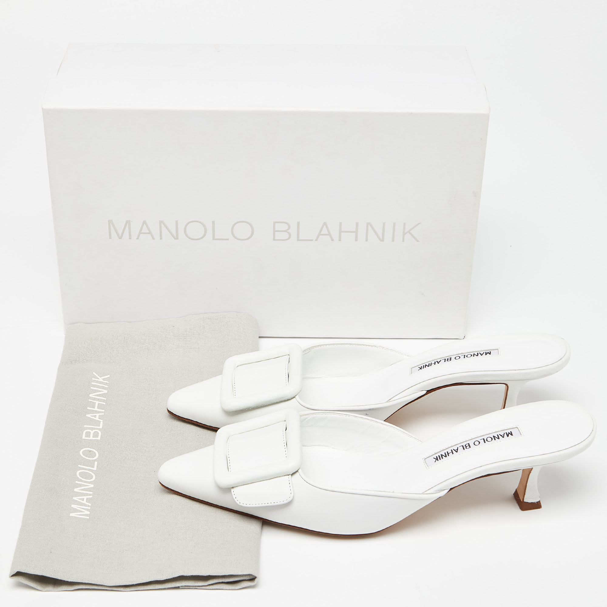 Manolo Blahnik White Leather Maysale Mules Size 38