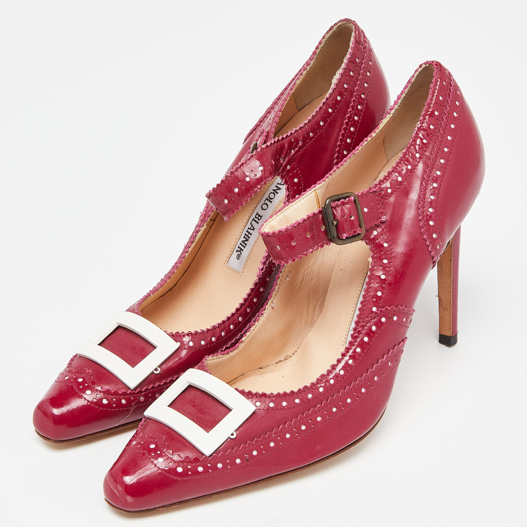 Manolo Blahnik Pink Patent Leather Mary Jane Pumps Size 36.5