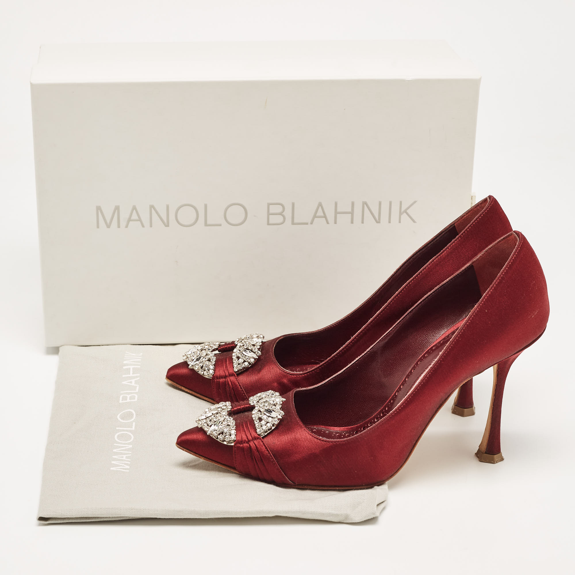 Manolo Blahnik Burgundy Satin Crystal Embellished Pointed Toe Pumps Size 36