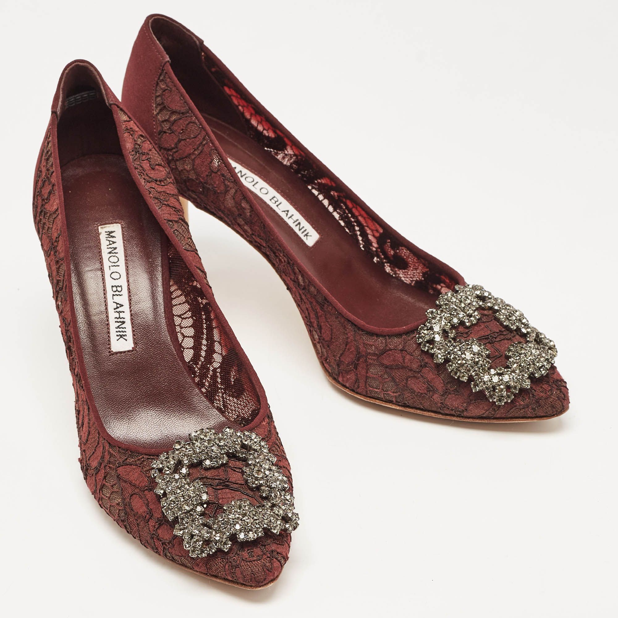 Manolo Blahnik Burgundy Lace And Mesh Hangisi Pointed Toe Pumps Size 36