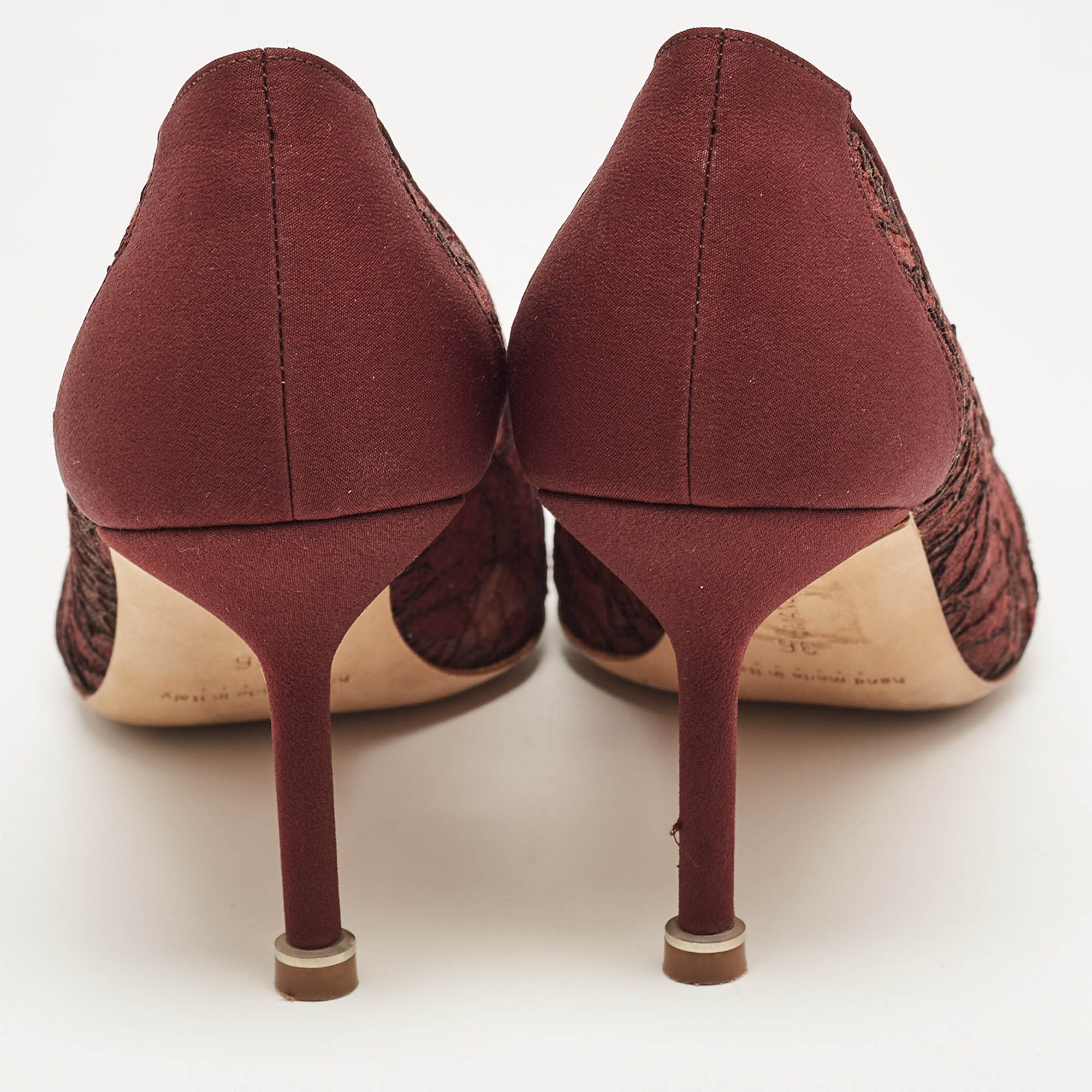 Manolo Blahnik Burgundy Lace And Mesh Hangisi Pointed Toe Pumps Size 36