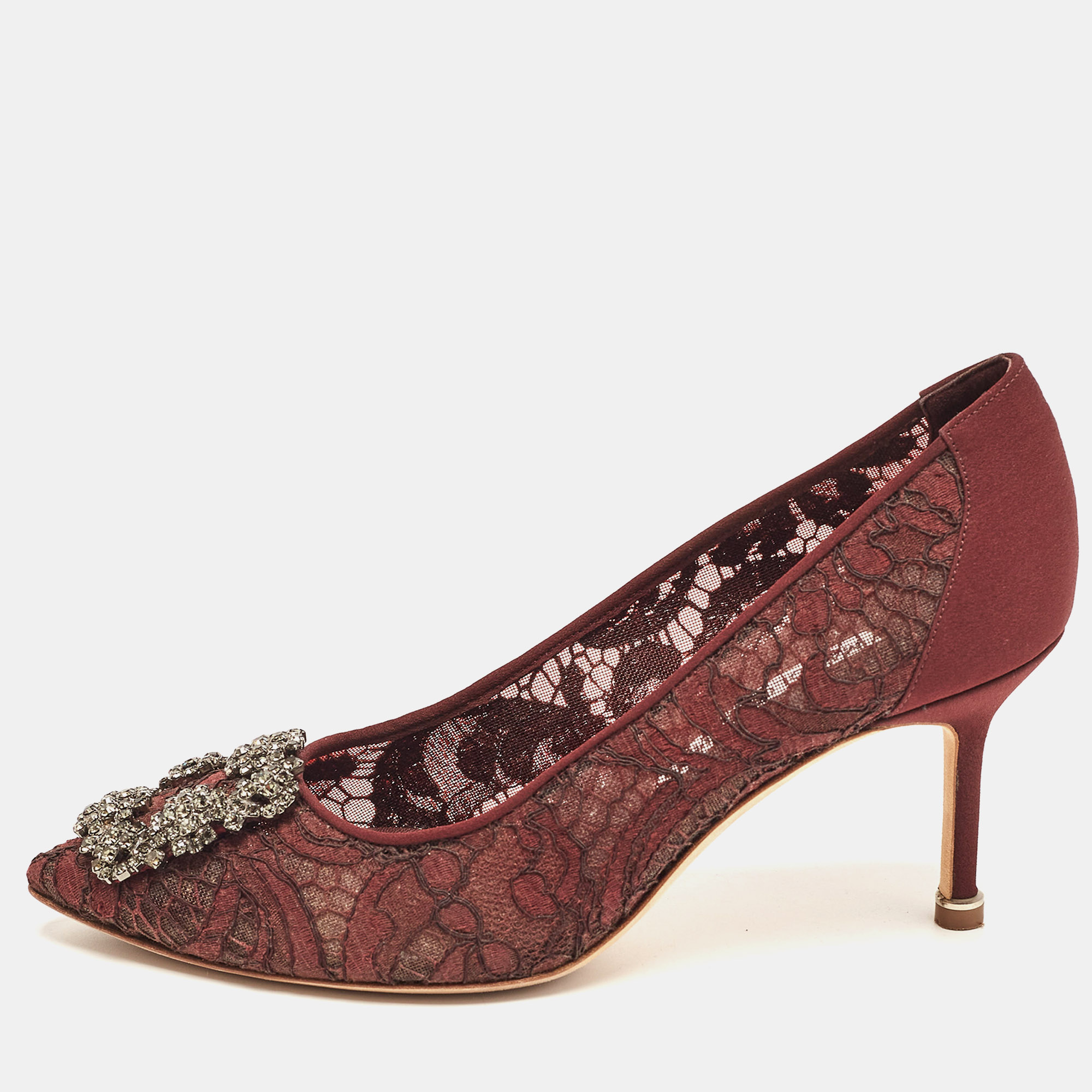 Manolo blahnik burgundy lace and mesh hangisi pointed toe pumps size 36