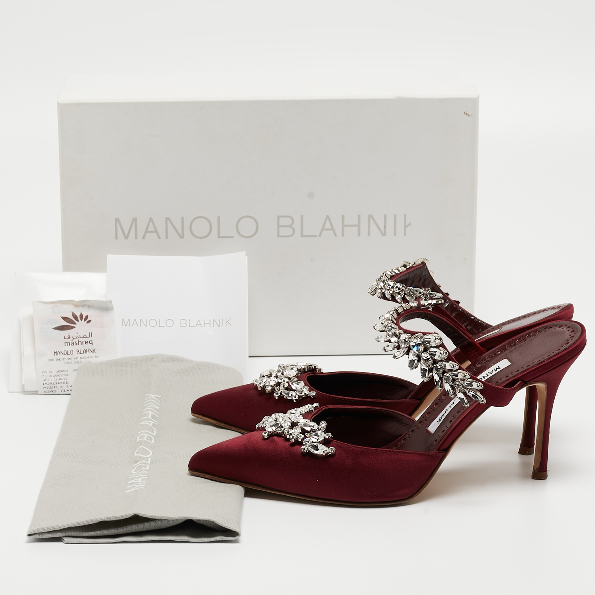 Manolo Blahnik Burgundy Satin Crystal Embellished Lurum Mules Size 38