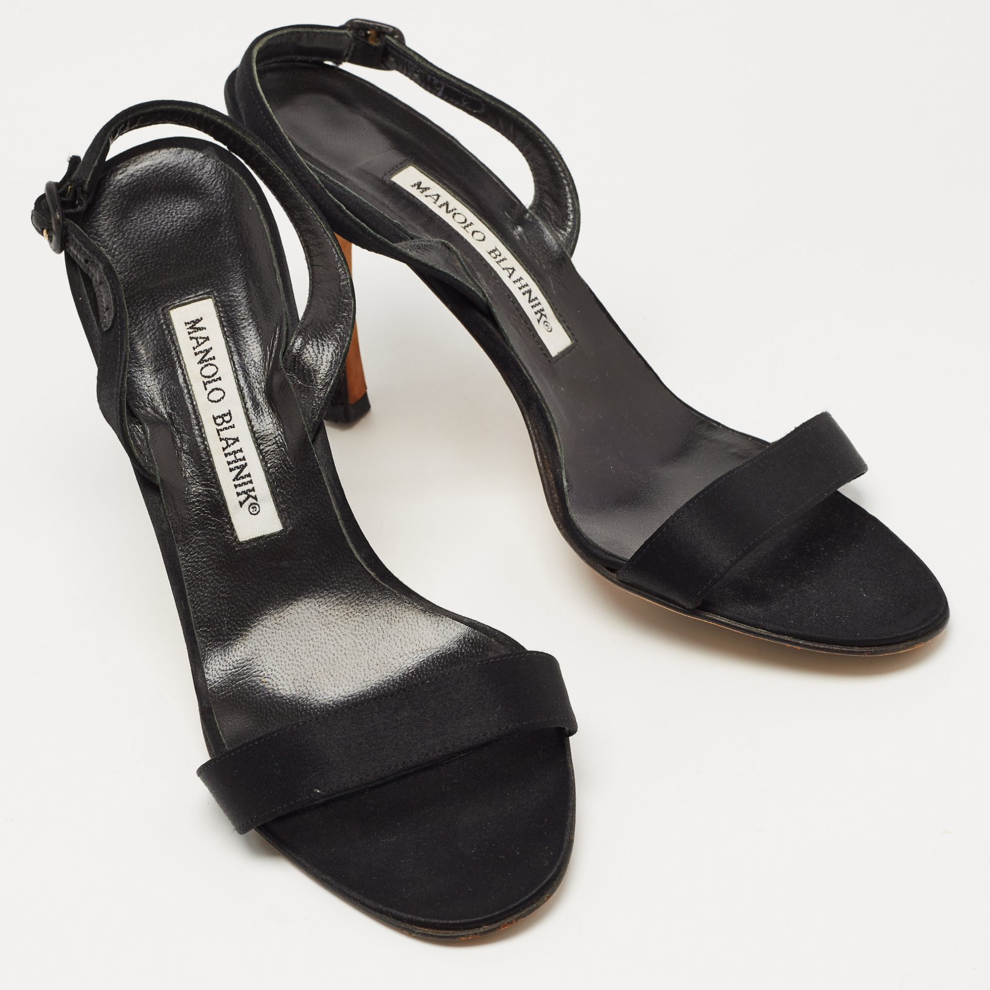 Manolo Blahnik Black Satin Slingback Sandals Size 37.5