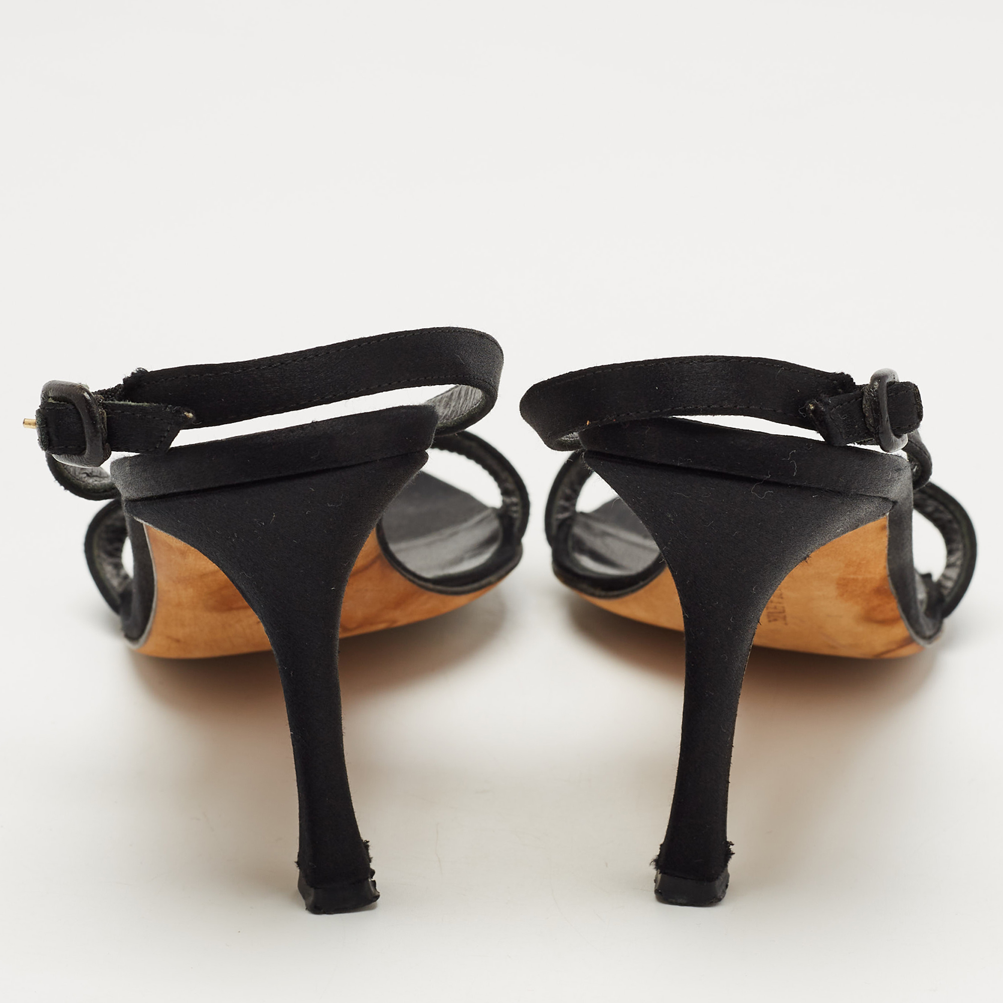 Manolo Blahnik Black Satin Slingback Sandals Size 37.5
