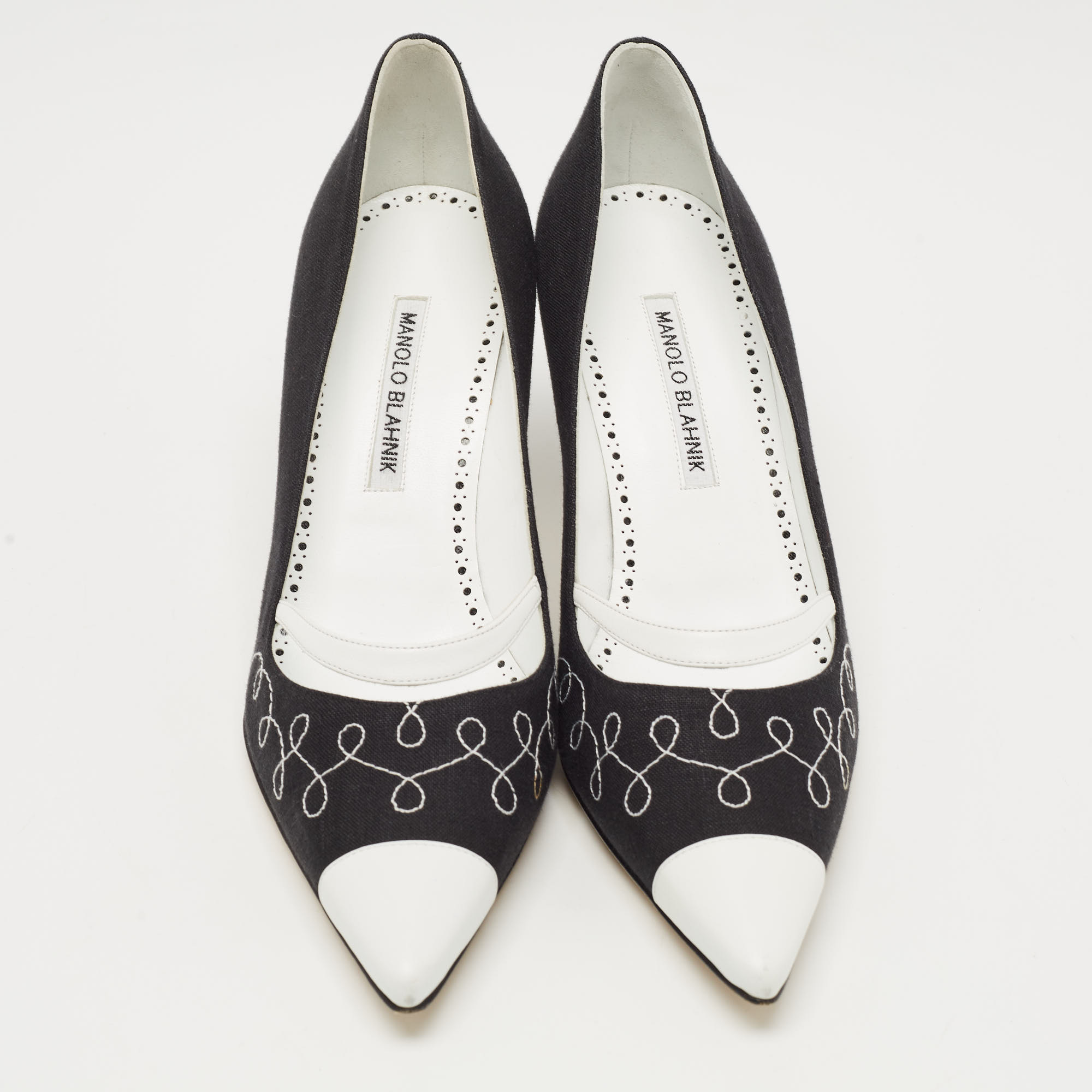 Manolo Blahnik Black/White Canvas And Leather Pointed Toe Pumps Size 39.5