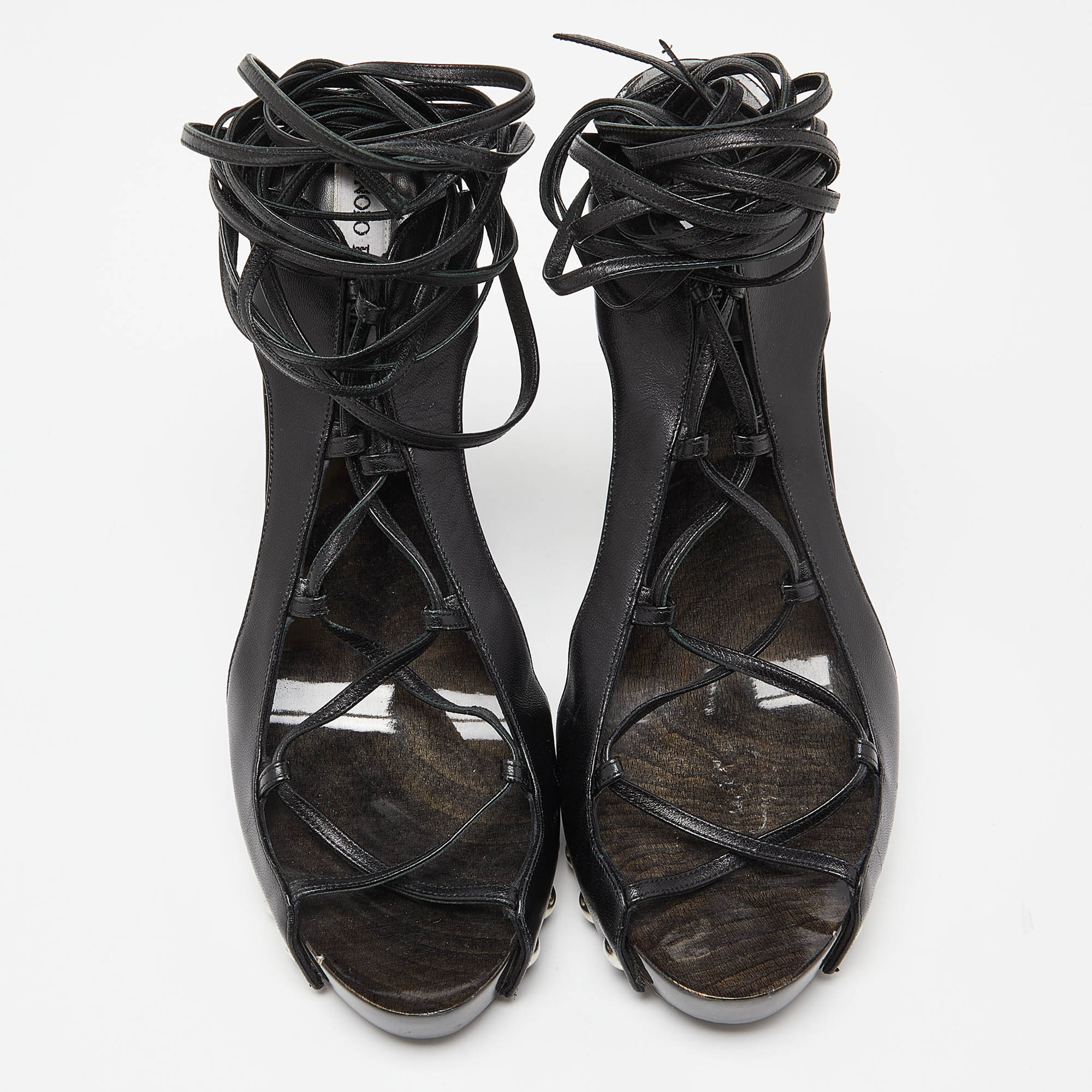 Manolo Blahnik Black Leather Ankle Wrap Sandals Size 41