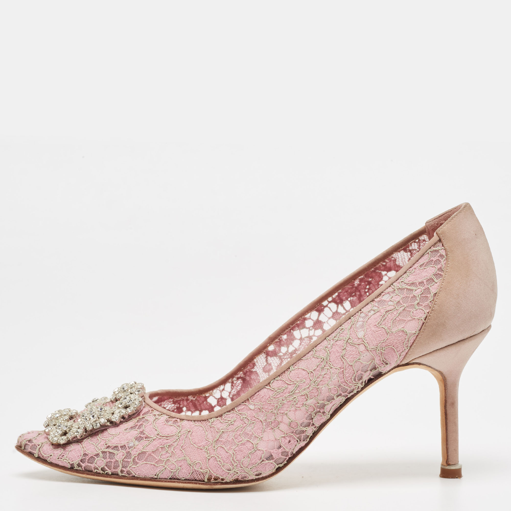 Manolo blahnik pink lace and mesh hangisi pumps size 38.5