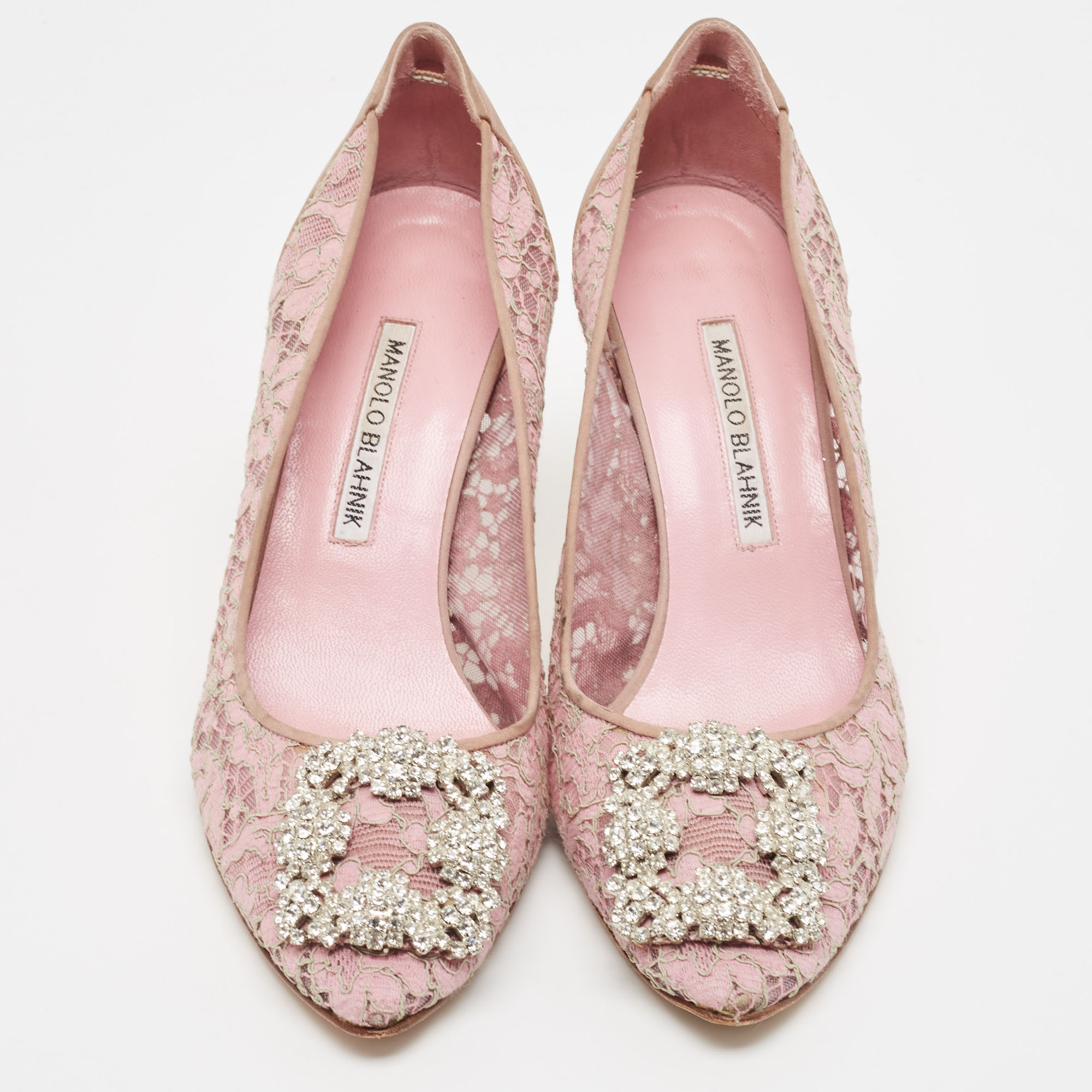 Manolo Blahnik Pink Lace And Mesh Hangisi Pumps Size 38.5