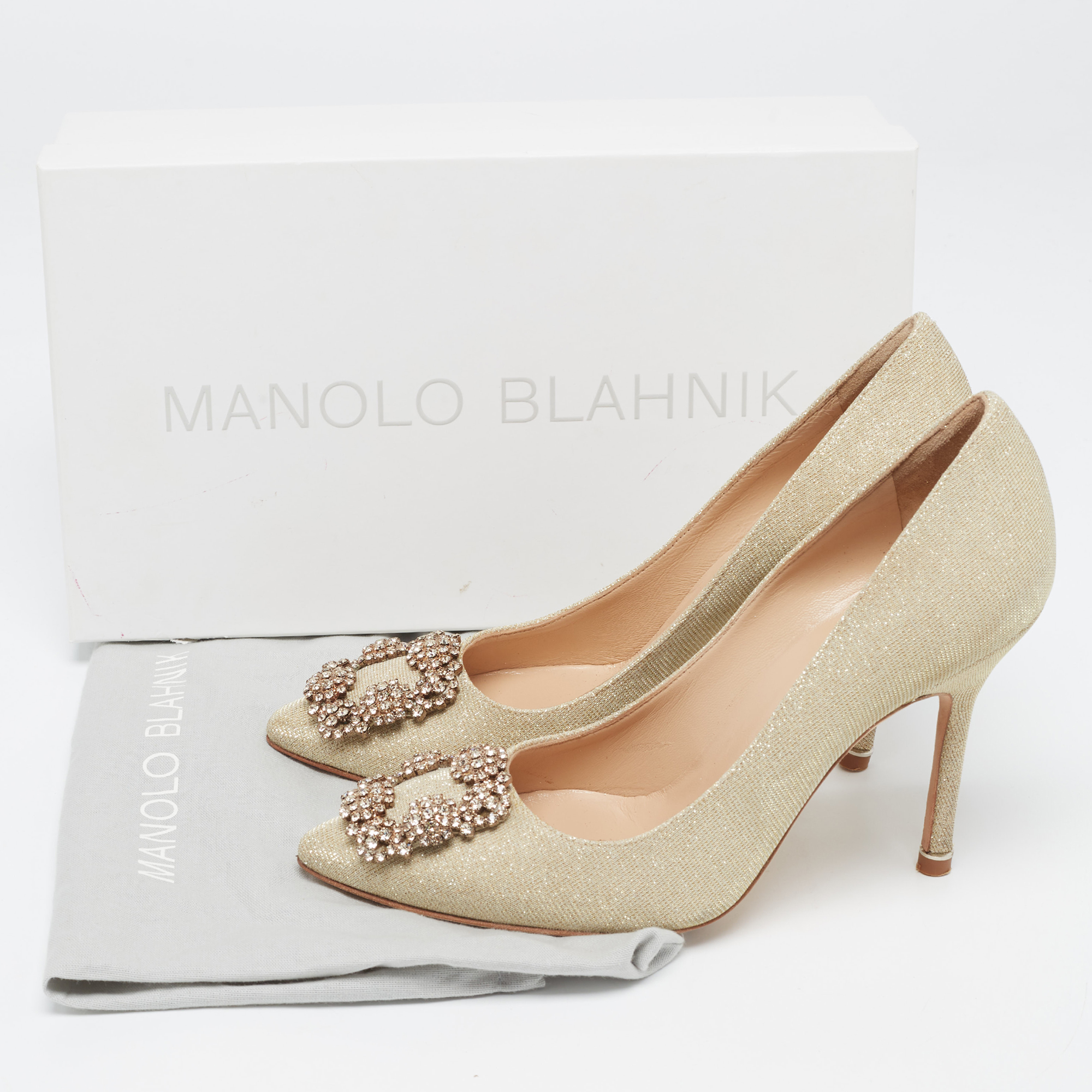 Manolo Blahnik Gold Glitter Fabric Hangisi Pumps Size 37