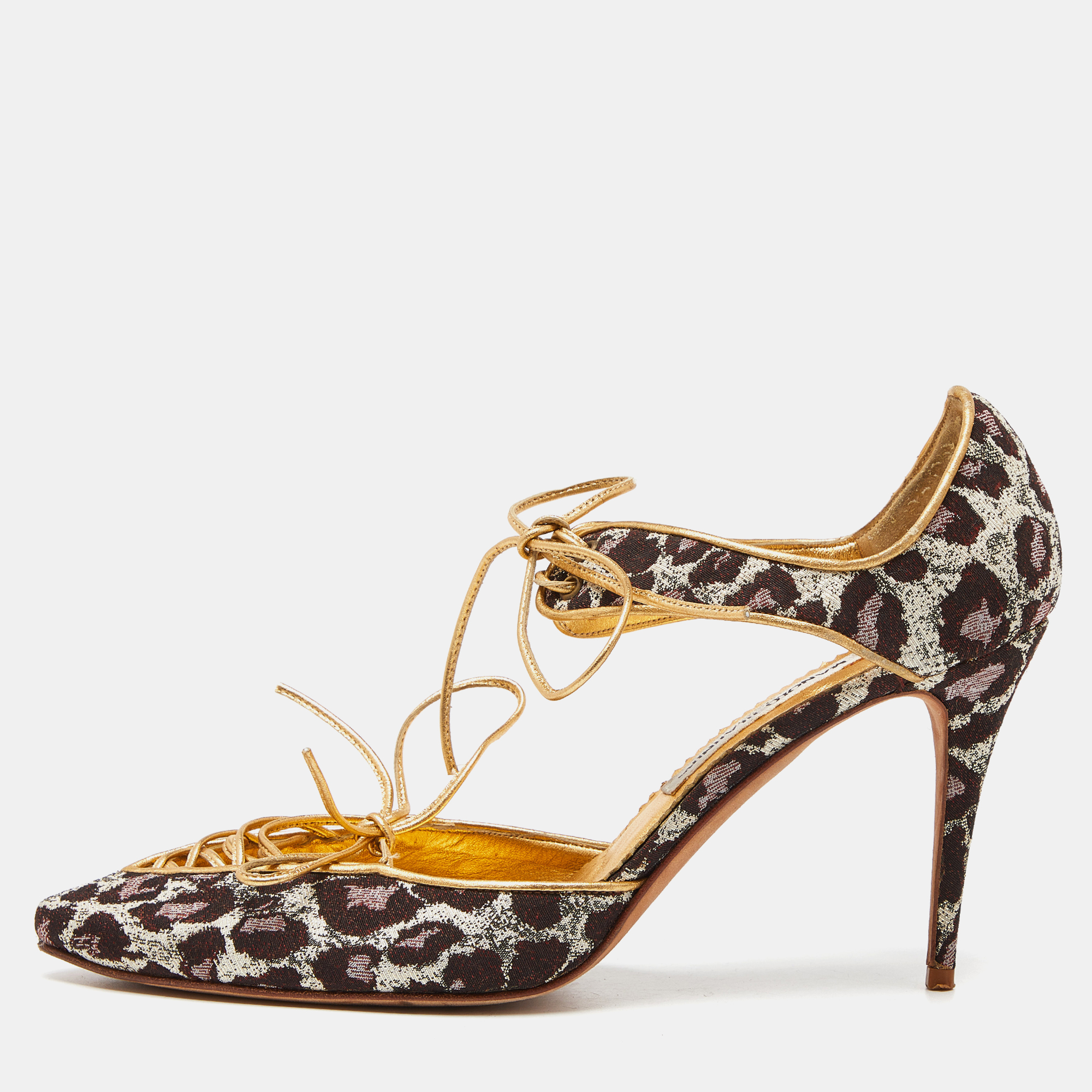 Manolo blahnik multicolor brown/gold brocade fabric and leather lace up pointed toe pumps size 40