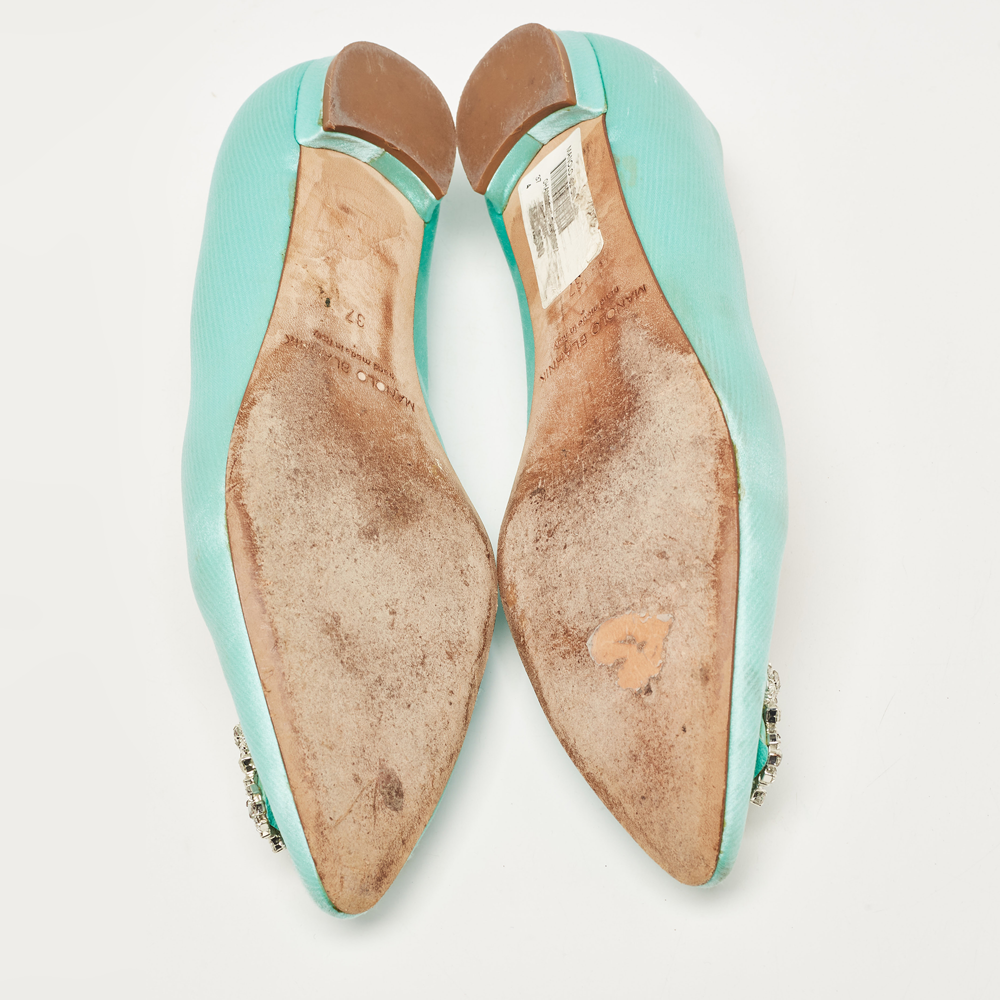 Manolo Blahnik Turquoise Satin Hangisi Ballet Flats Size 37
