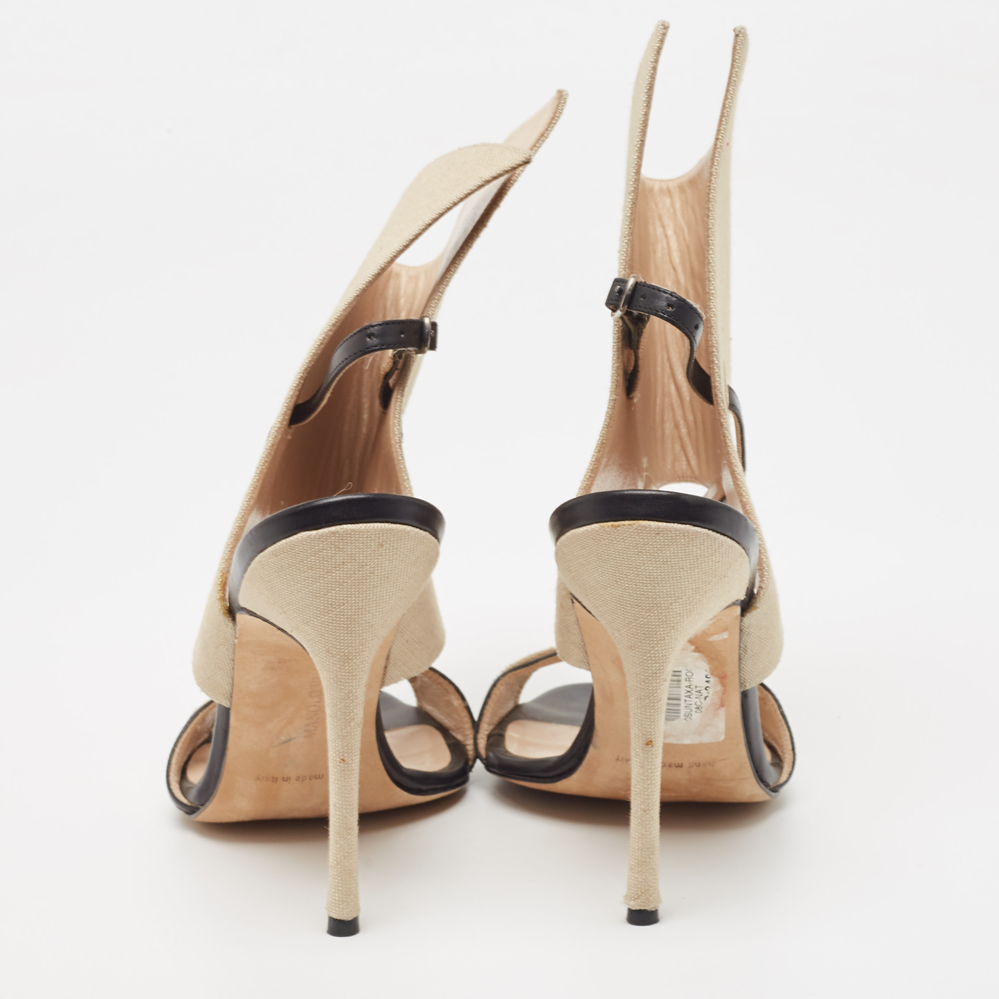 Manolo Blahnik Beige/Black Canvas And Leather Ankle Strap Sandals Size 37.5