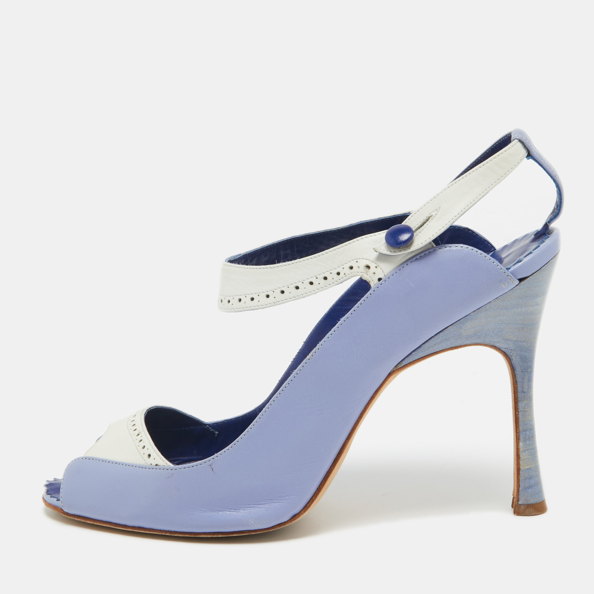 Manolo blahnik blue/white leather peep toe slingback pumps size 40