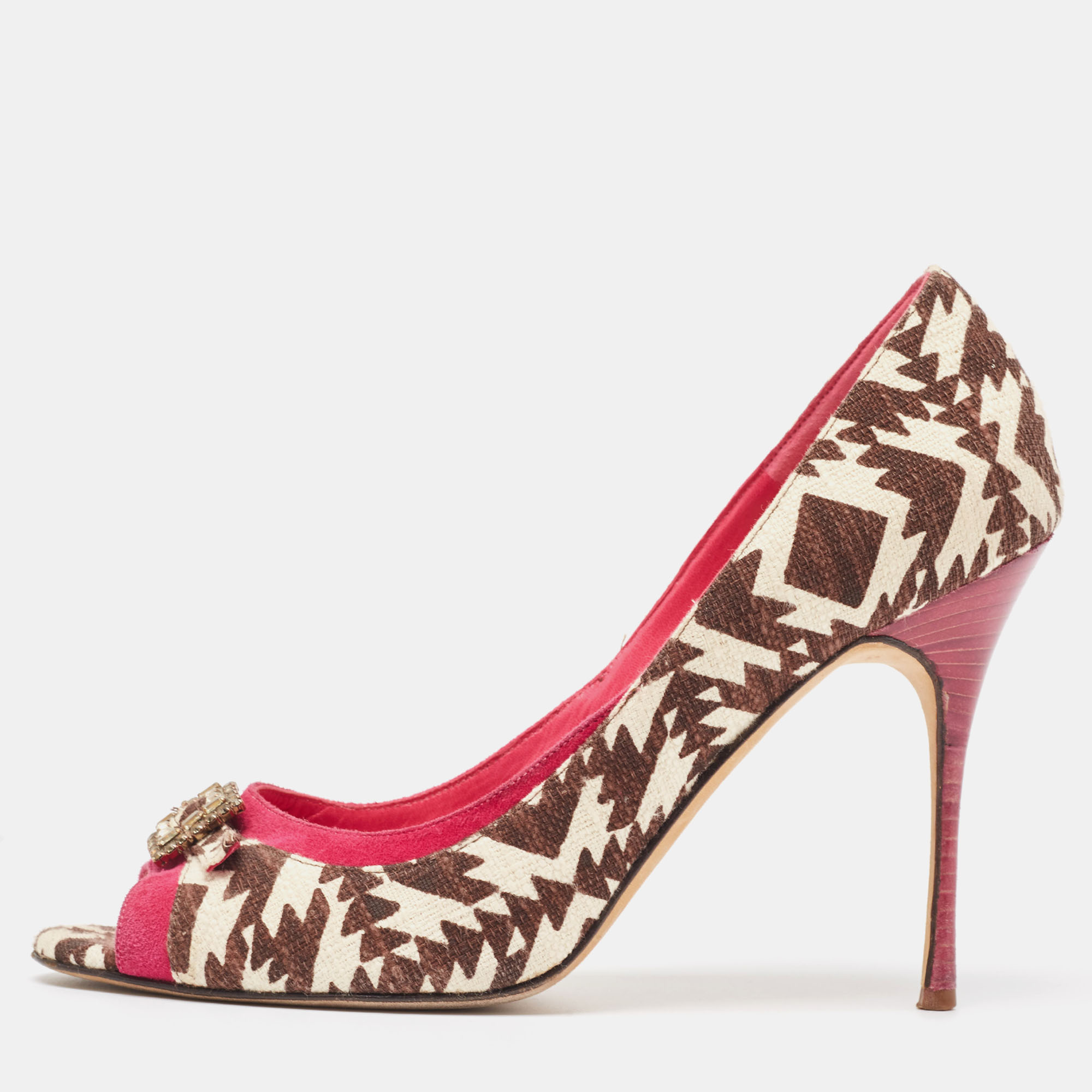 Manolo blahnik tricolor printed canvas and suede embellished buckle peep toe pumps size 40.5