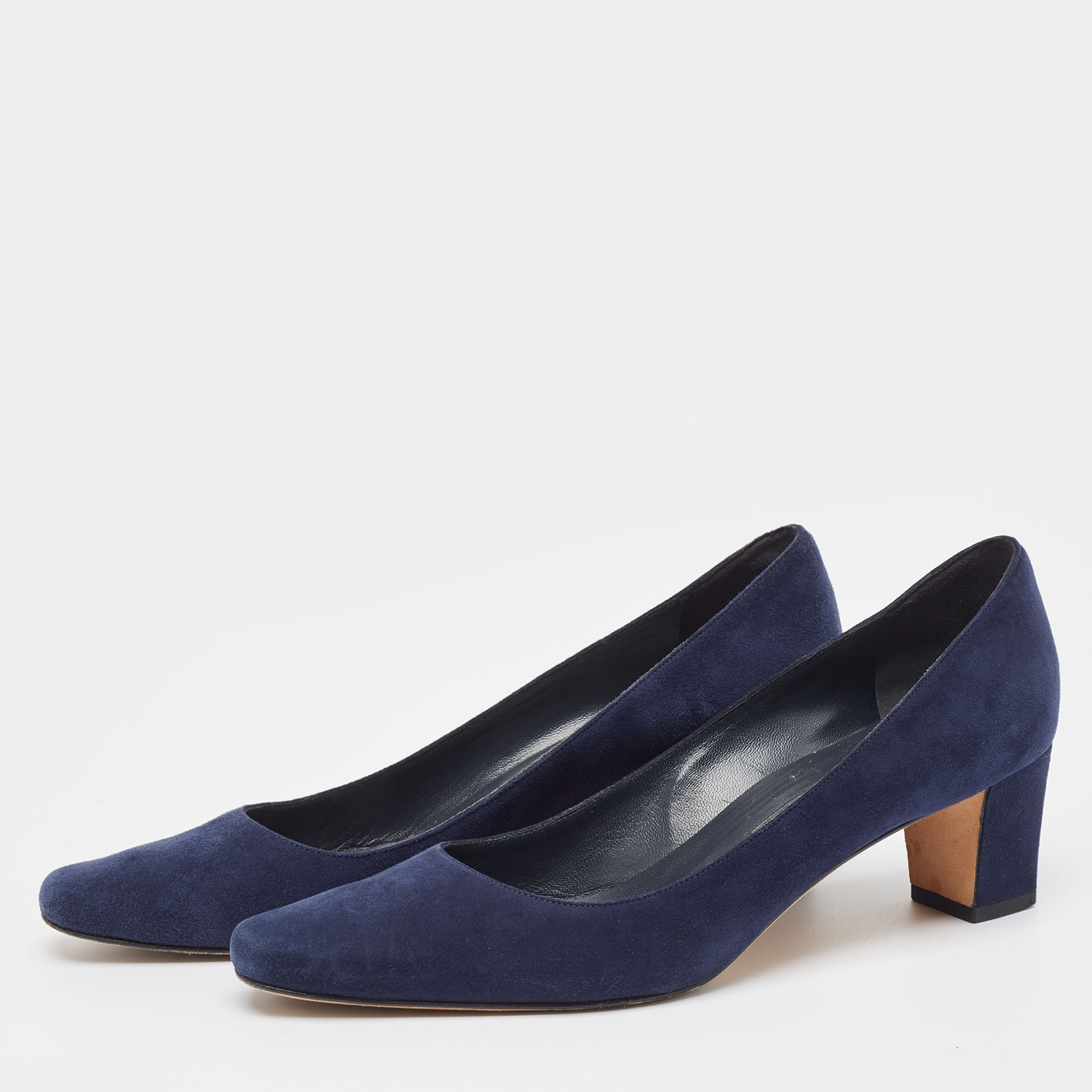 Manolo Blahnik Navy Blue Suede Block Heel Pumps Size 38