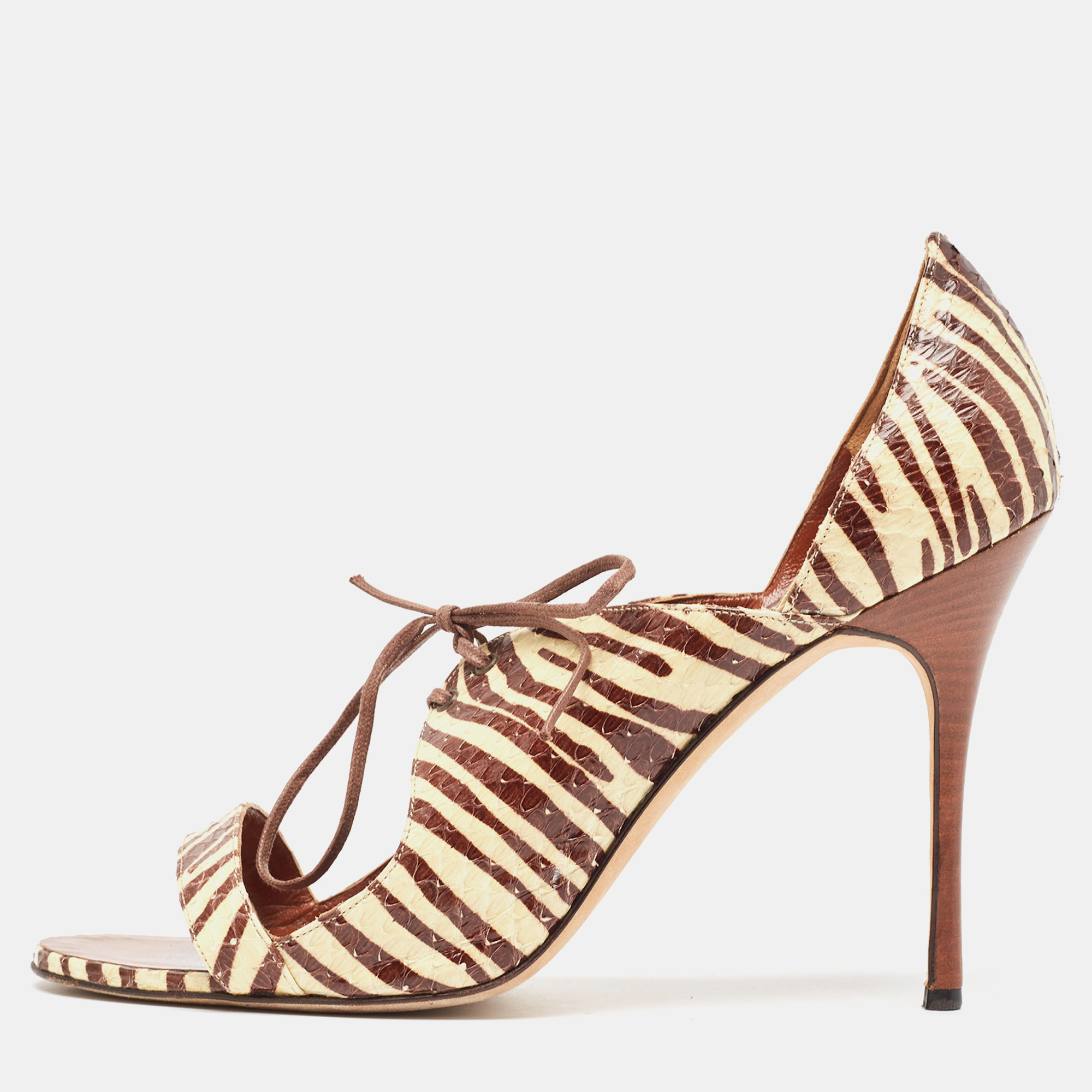Manolo blahnik cream/brown printed python lace up sandals size 40