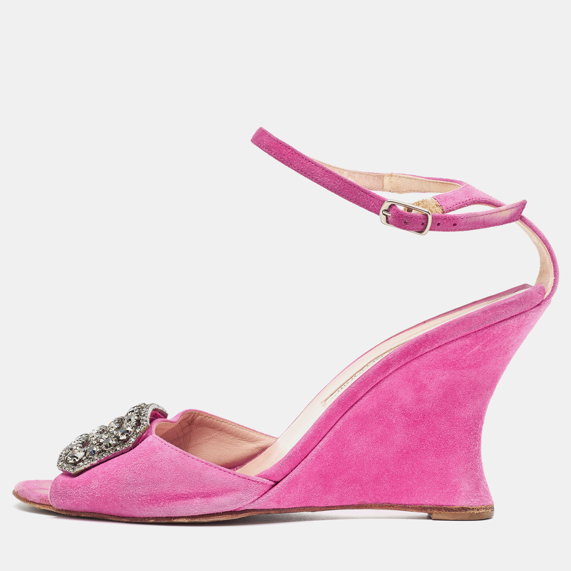 Manolo blahnik fuchsia suede crystal embellished trice wedge sandals size 38.5