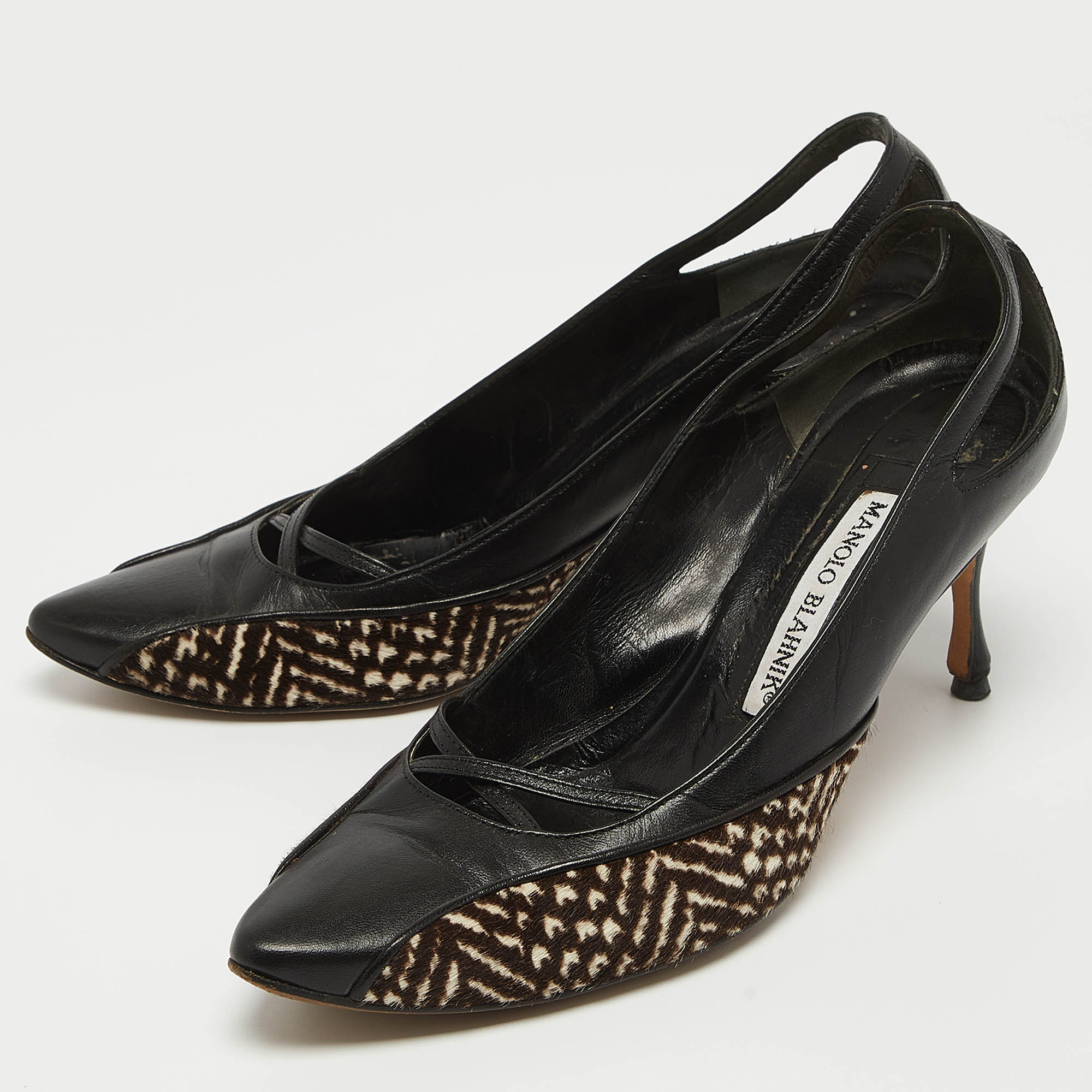 Manolo Blahnik Black/Brown Leather And Calf Hair Almond Toe Pumps Size 37