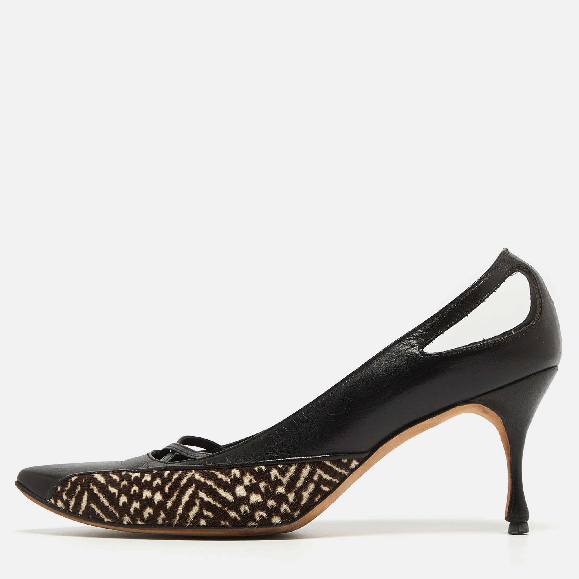 

Manolo Blahnik Black/Brown Leather and Calf Hair Almond Toe Pumps Size