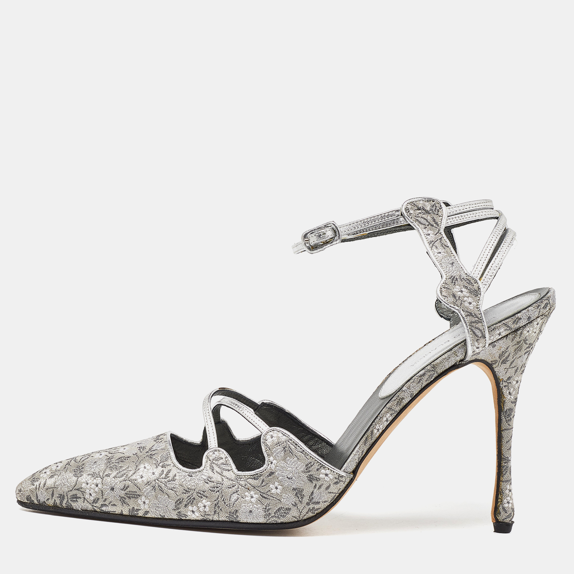 Manolo blahnik grey leather and brocade fabric pointed toe strappy pumps size 40.5