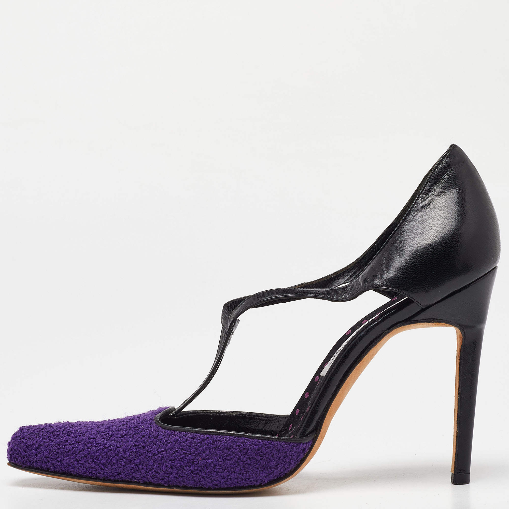 Manolo blahnik purple/black tweed and leather pointed toe pumps size 40