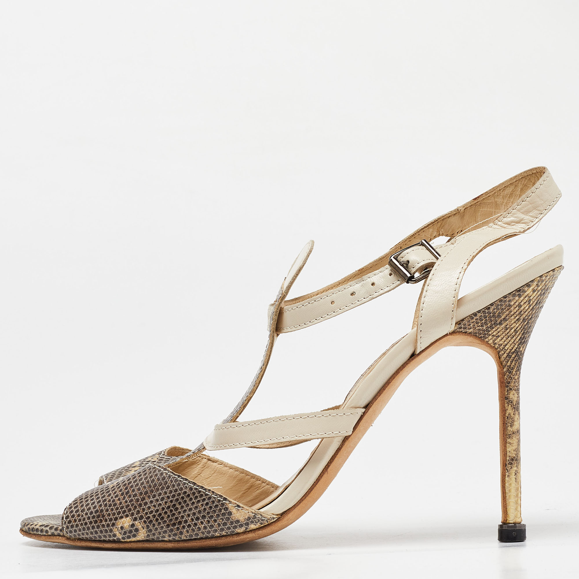 Manolo blahnik beige lizard leather open toe strappy sandals size 40