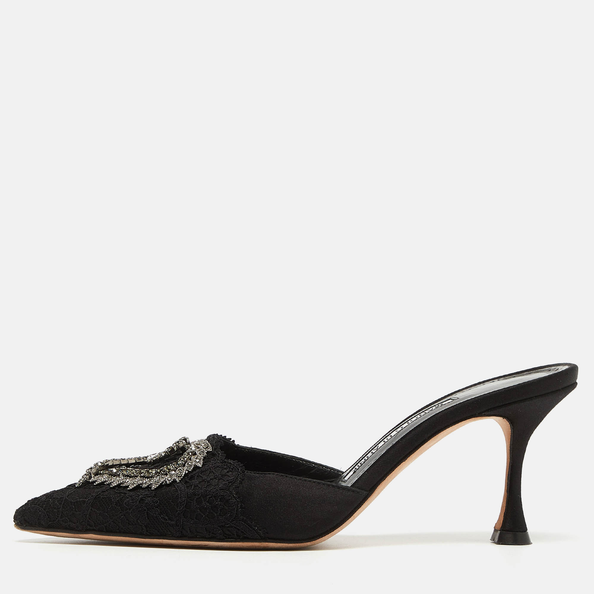 Manolo blahnik black satin and lace crystal embellished mule sandals size 37