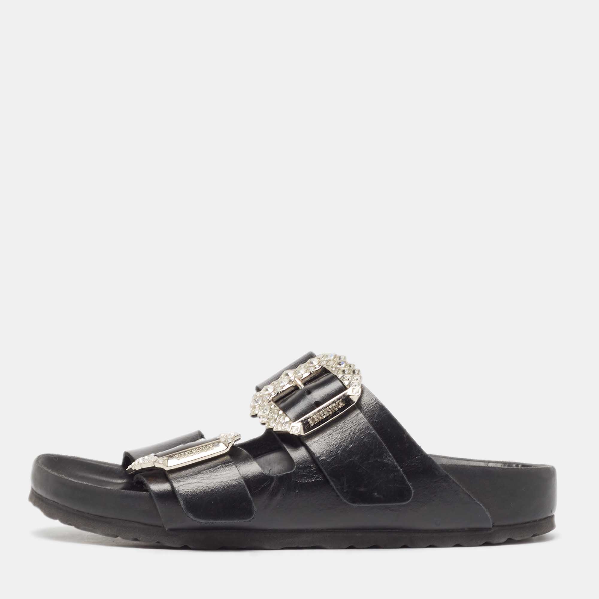 Manolo blahnik black leather crystal embellished buckle flat sandals size 38