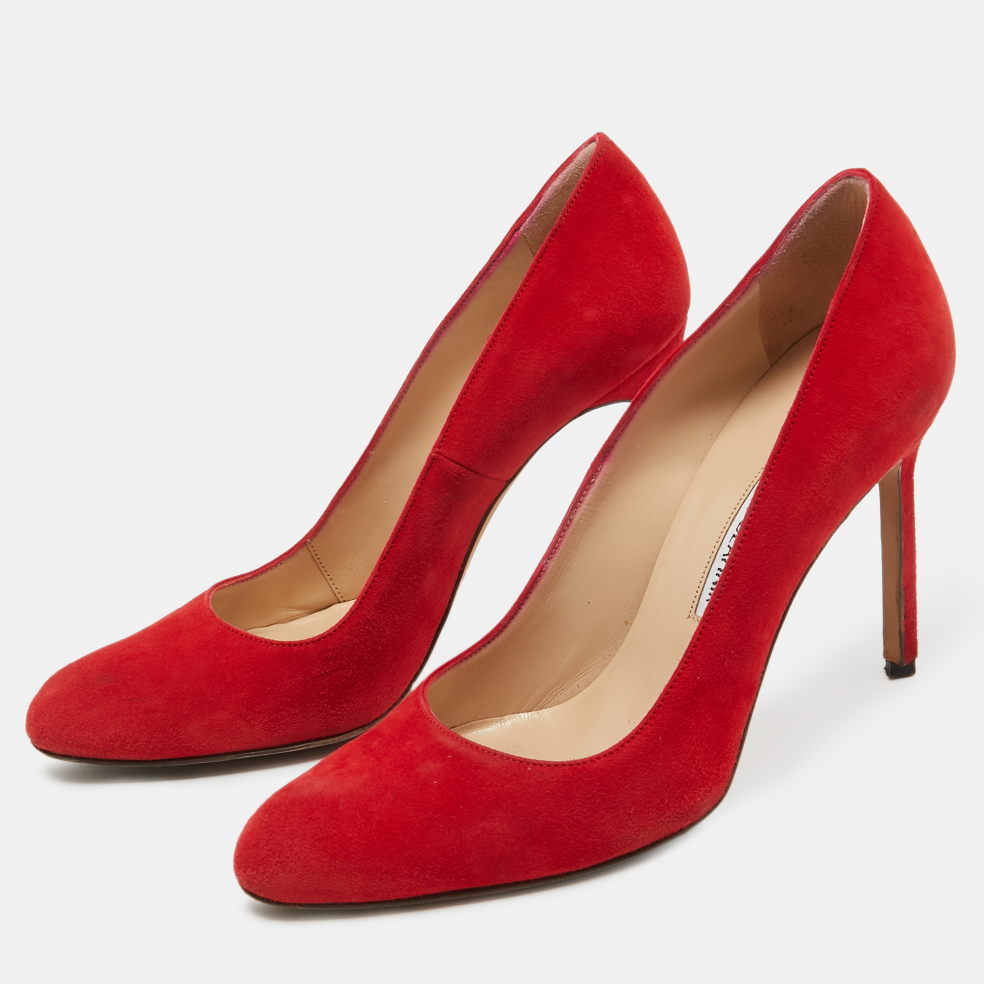 Manolo Blahnik Red Suede Round Toe Pumps Size 37.5