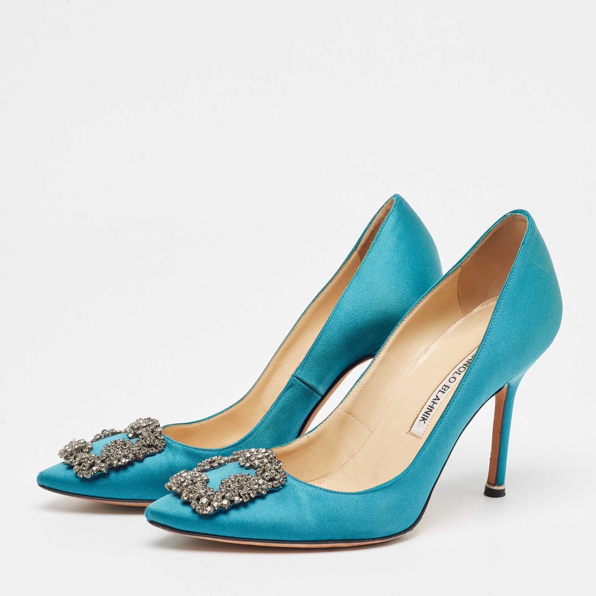 Manolo Blahnik Teal Satin Hangisi Pumps Size 37.5