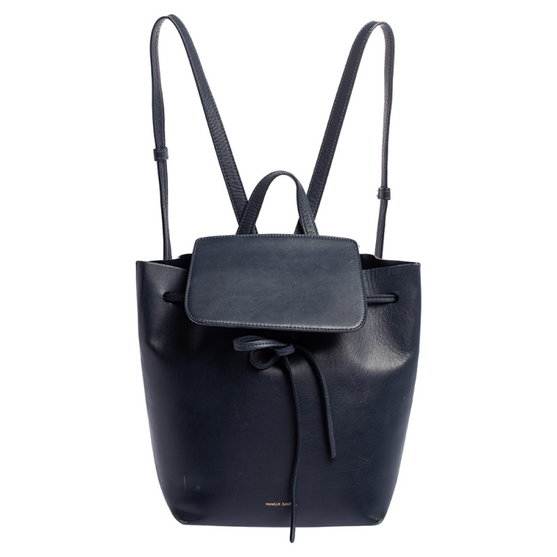 Image of Mansur Gavriel Navy Blue Leather Drawstring Bucket Bag