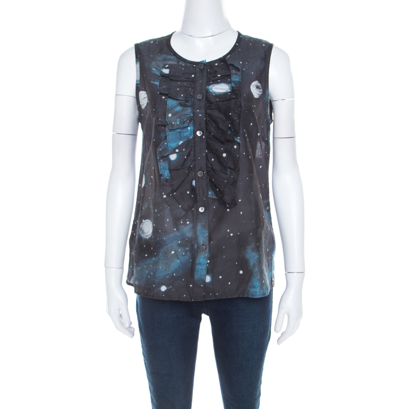 Image of Marc by Marc Jacobs Black Stargazer Print Cotton Silk Ruffled Sleeveless Top S