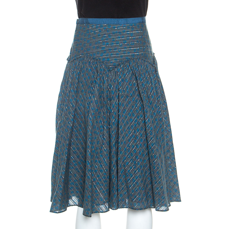 Image of Marc Jacobs Blue Floral Printed Cotton Lurex Striped Midi Skirt M