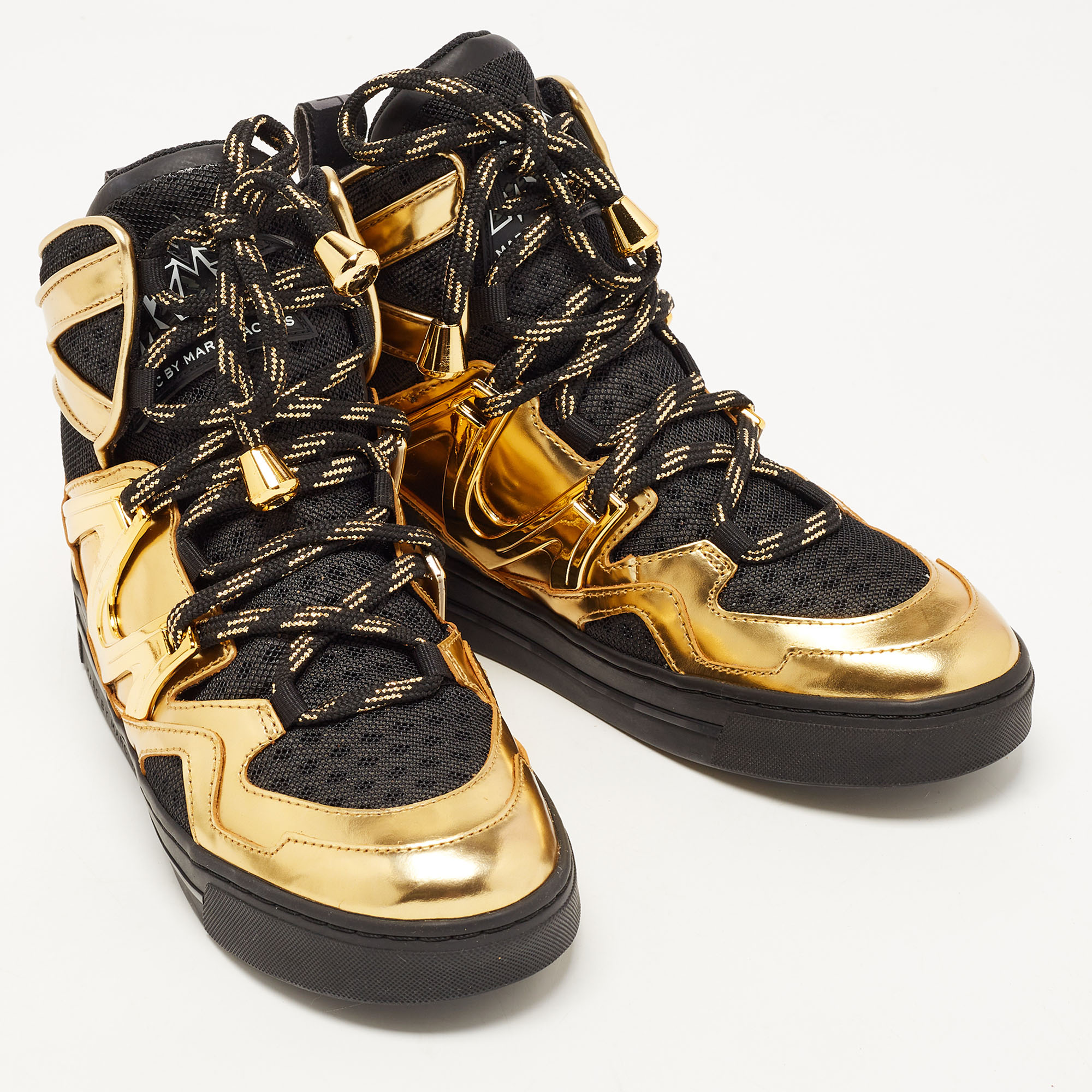 Marc By Marc Jacobs Gold/Black Leather And Mesh High Top Sneakers Size 36