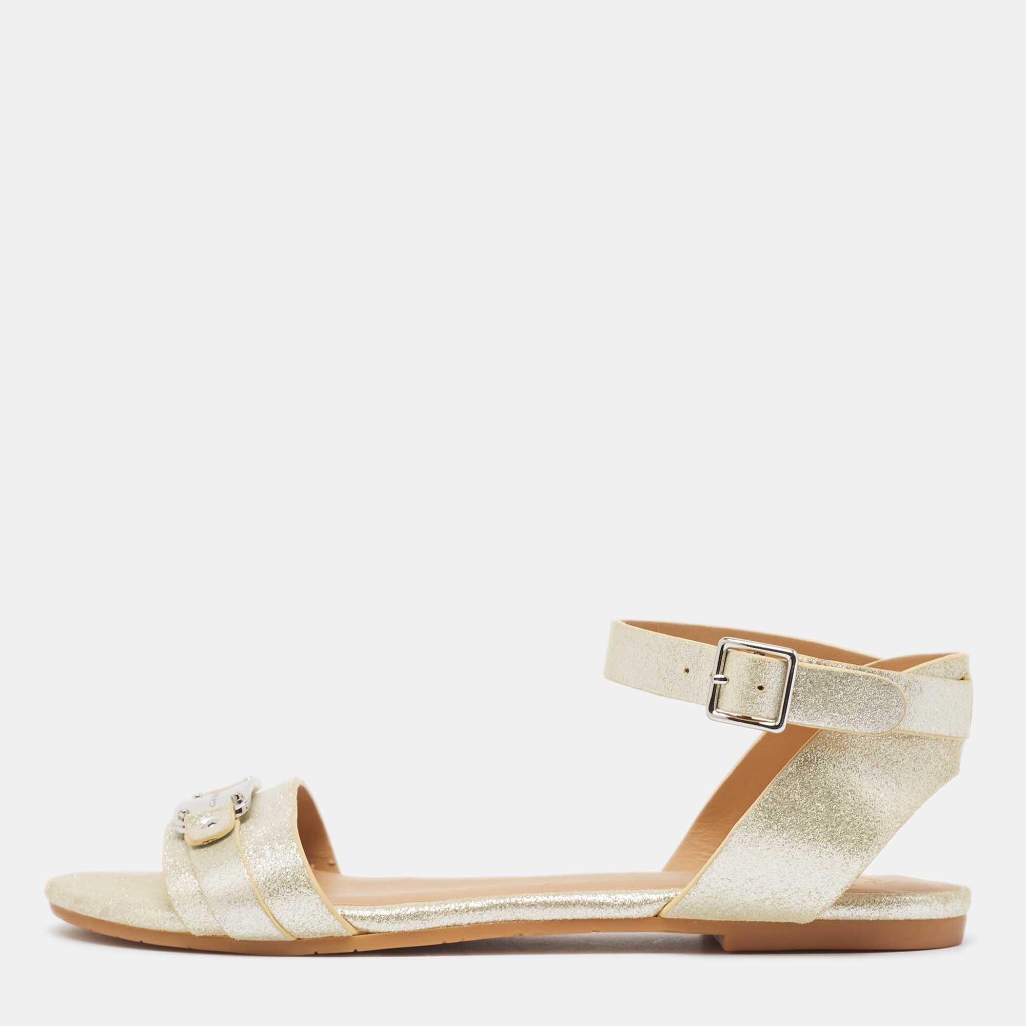 Marc by marc jacobs silver glitter ankle strap flat sandals size 36