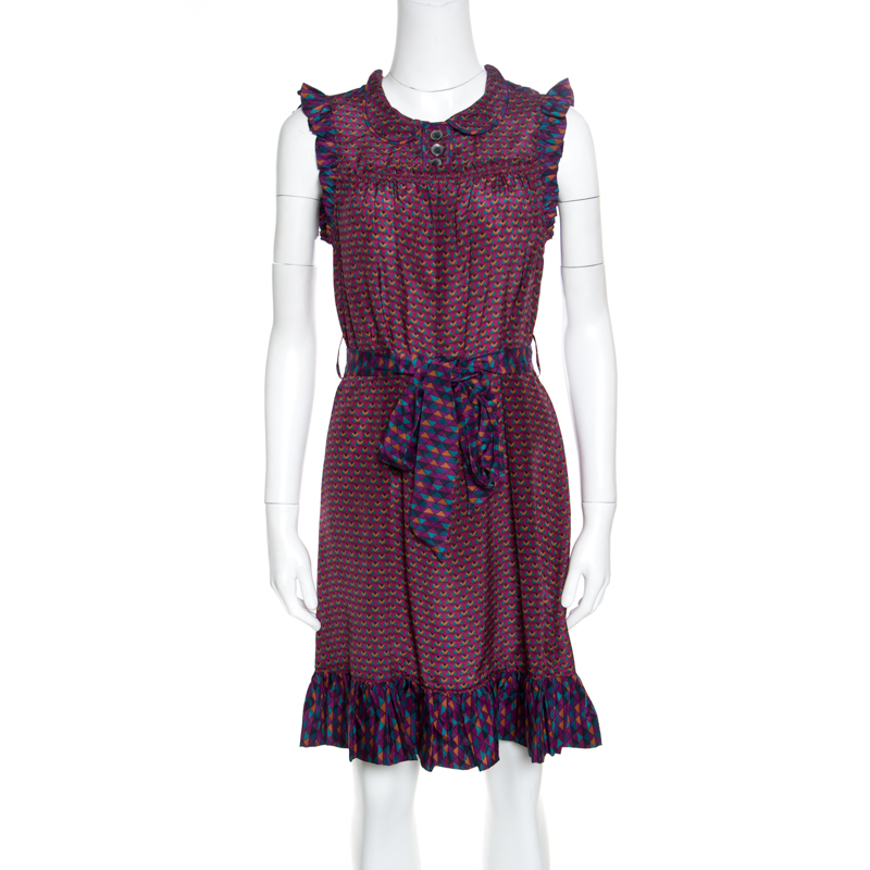Image of Marc by Marc Jacobs Multicolor Printed Silk Ruffled Trim Belted Dress XS