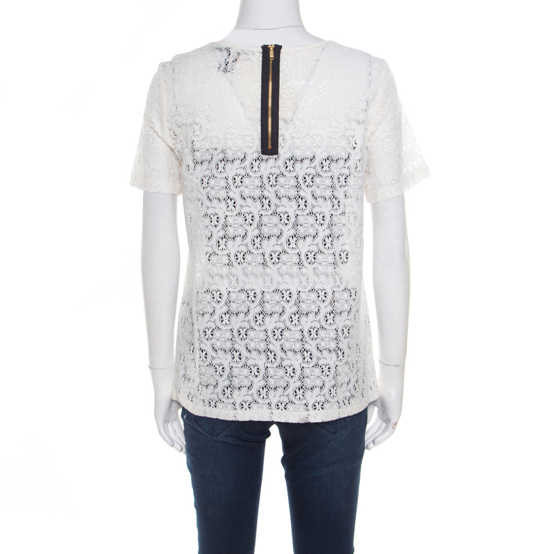 Marc By Marc Jacobs Off White Floral Lace Short Sleeve Top M