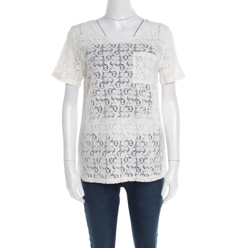 Marc By Marc Jacobs Off White Floral Lace Short Sleeve Top M