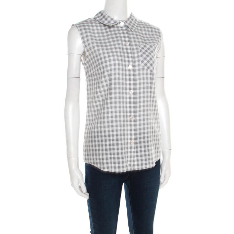 

Marc by Marc Jacobs Grey and White Gingham Checked Cotton Sleeveless Shirt