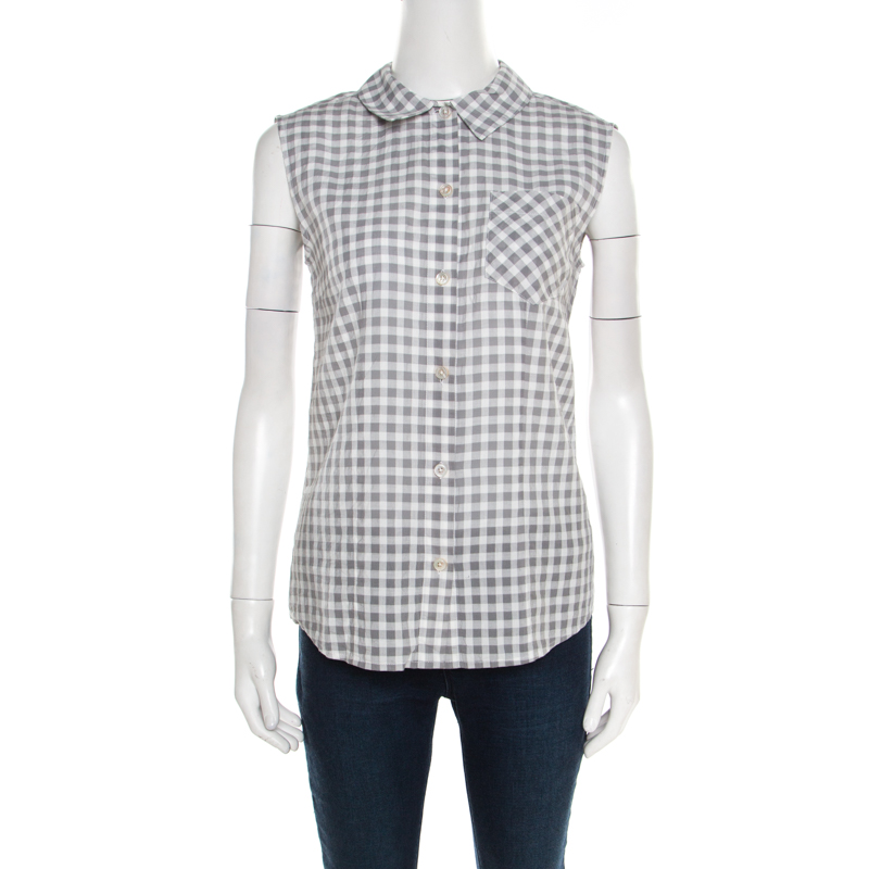 Image of Marc by Marc Jacobs Grey and White Gingham Checked Cotton Sleeveless Shirt S