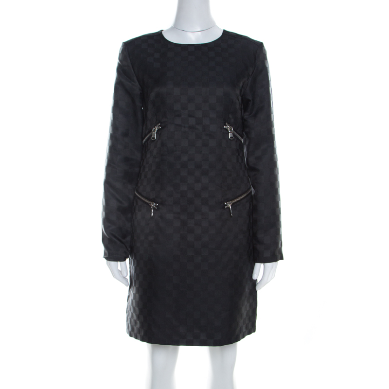 Image of Marc by Marc Jacobs Dress Black Textured Check Twill Zipper Detail Shift Dress S