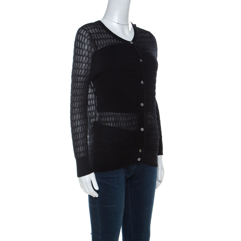 

Marc by Marc Jacobs Black Perforated Knit Cotton Blend Button Front Cardigan