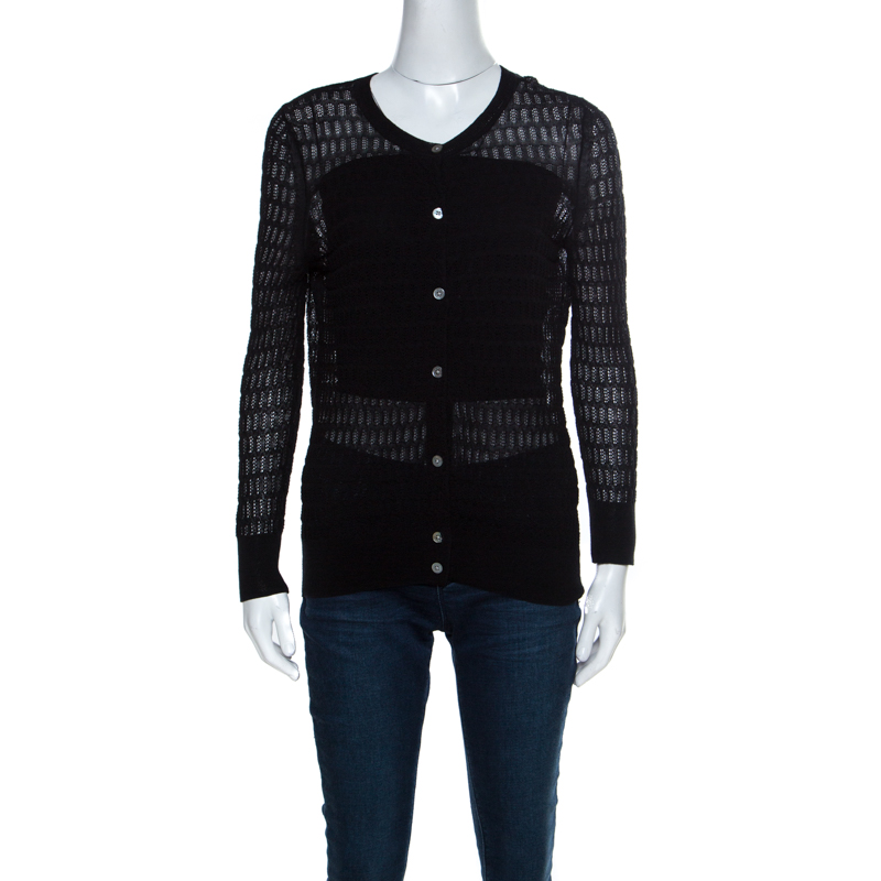 Image of Marc by Marc Jacobs Black Perforated Knit Cotton Blend Button Front Cardigan S