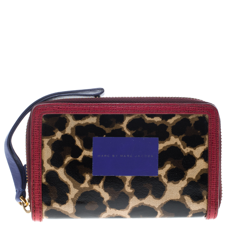 Image of Marc by Marc Jacobs Brown/Red Leopard Print Coated Canvas Wingman Wallet