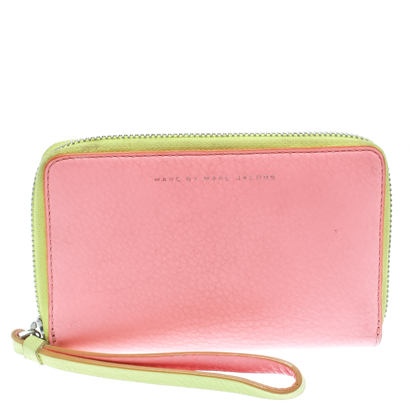 Image of Marc by Marc Jacobs Lime Green/Peach Pink Leather Zip Around Wallet