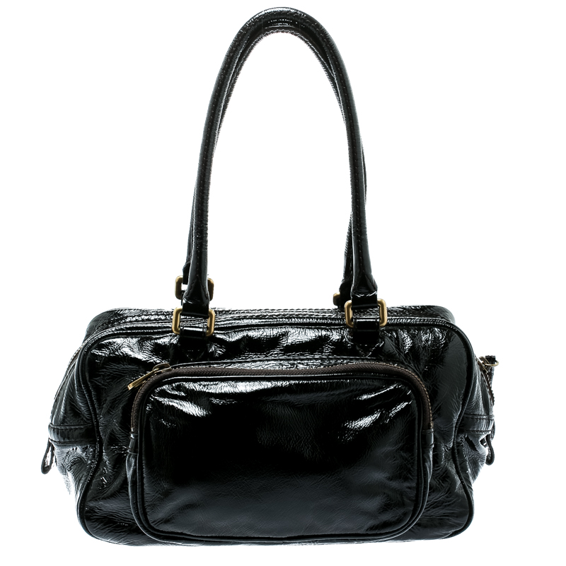 Marc By Marc Jacobs Black Laminated Leather Zip Pockets Satchel