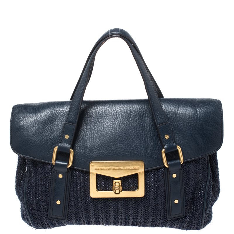 Marc by marc jacobs blue straw and leather flap satchel