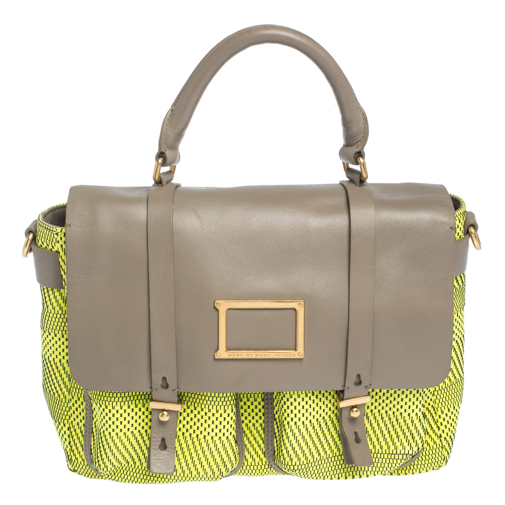 Image of Marc by Marc Jacobs Neon Green/Grey Woven Patent Leather and Nylon Werdie Top Handle Bag